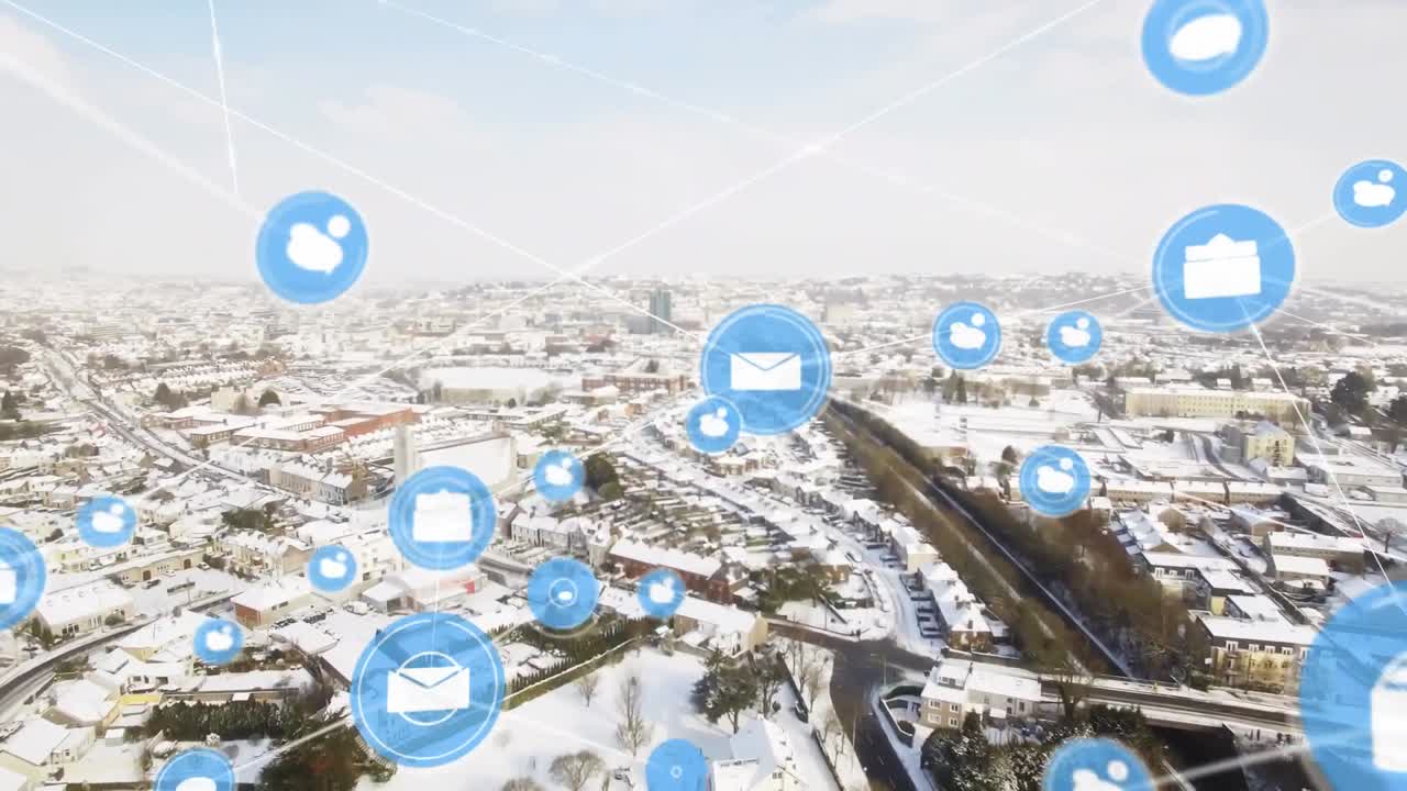 도시 풍경 위의 아이콘으로 연결된 네트워크의 애니메이션