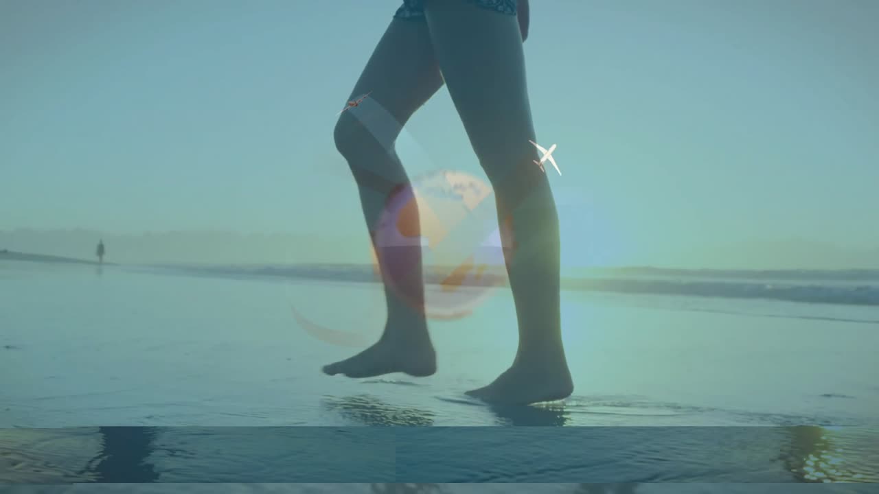 Woman's legs stepping on beach sand initiating transparent globe overlay rotating travel marketing