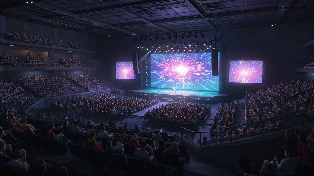 A Stunning Performance Unfolds on Stage: Captivating Lights and Enthusiastic Audience in a Dynamic Entertainment Venue with an Engaging Atmosphere