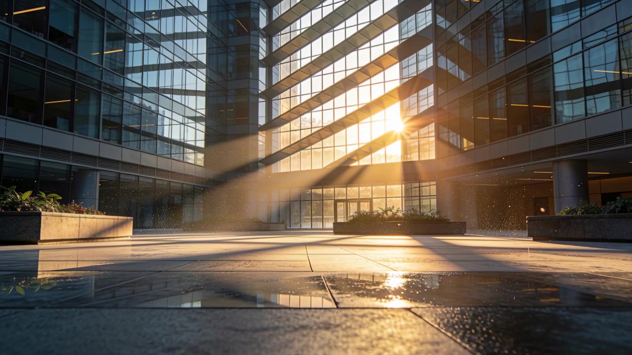 Começando com os raios do nascer do sol, uma praça central iluminada mostra feixes de luz solar em movimento e reflexos em azulejos molhados.