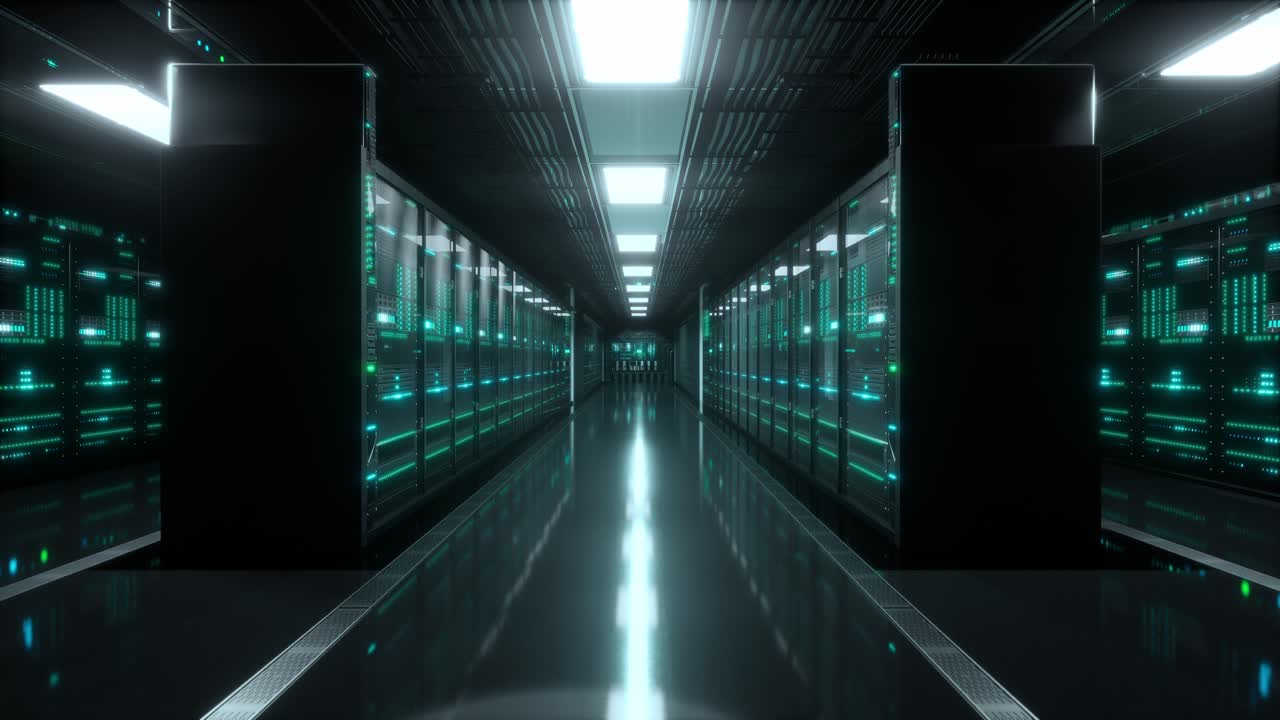 Inside Large Data Center. Advanced Cloud Computing Concept. Corridor With Server Racks And Cabinets Full Of Hard Drives