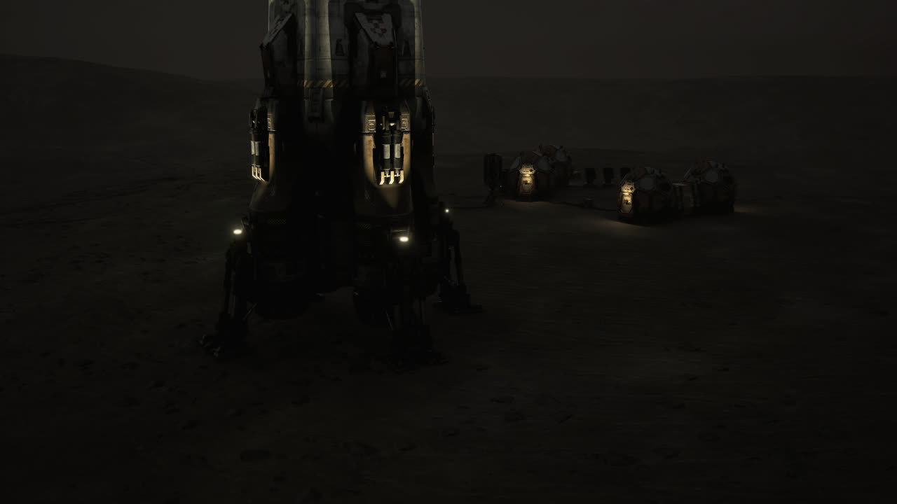 Mars exploration lander near a research facility in a dark environment