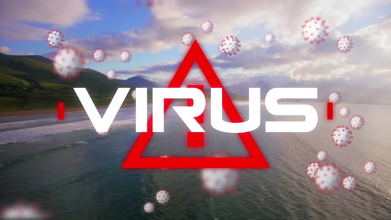 video compuesto digital de texto de virus con una señal de advertencia y células de covid-19 que se mueven contra el mar