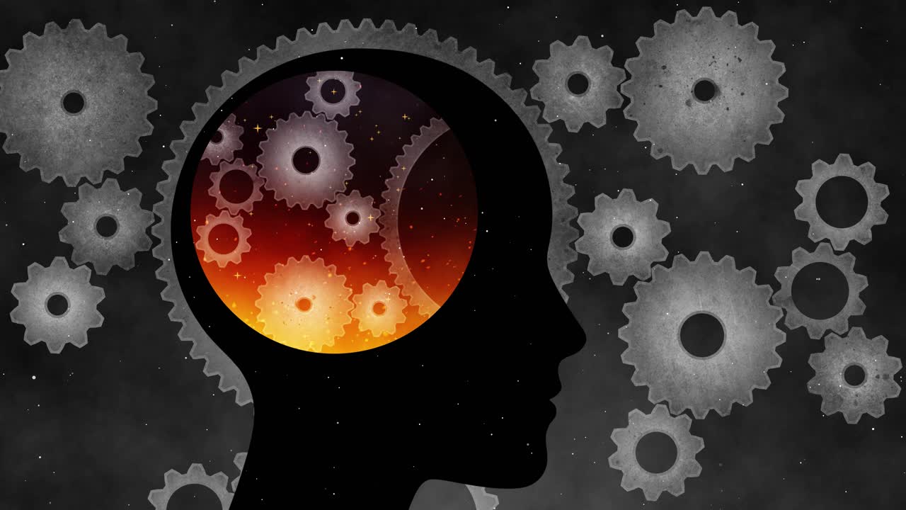 Силуэт головы с внутренним пылающим огнем и вращающимися механическими шестернями и зубцами, символизирующий интенсивное мышление и интеллектуальный процесс, часовой механизм человеческого разума