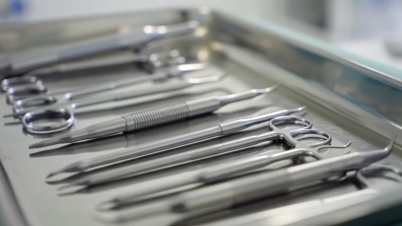 A tray of various surgical instruments is neatly arranged in a sterile environment within a medical facility. Each tool is ready for use in an upcoming procedure, ensuring patient safety.