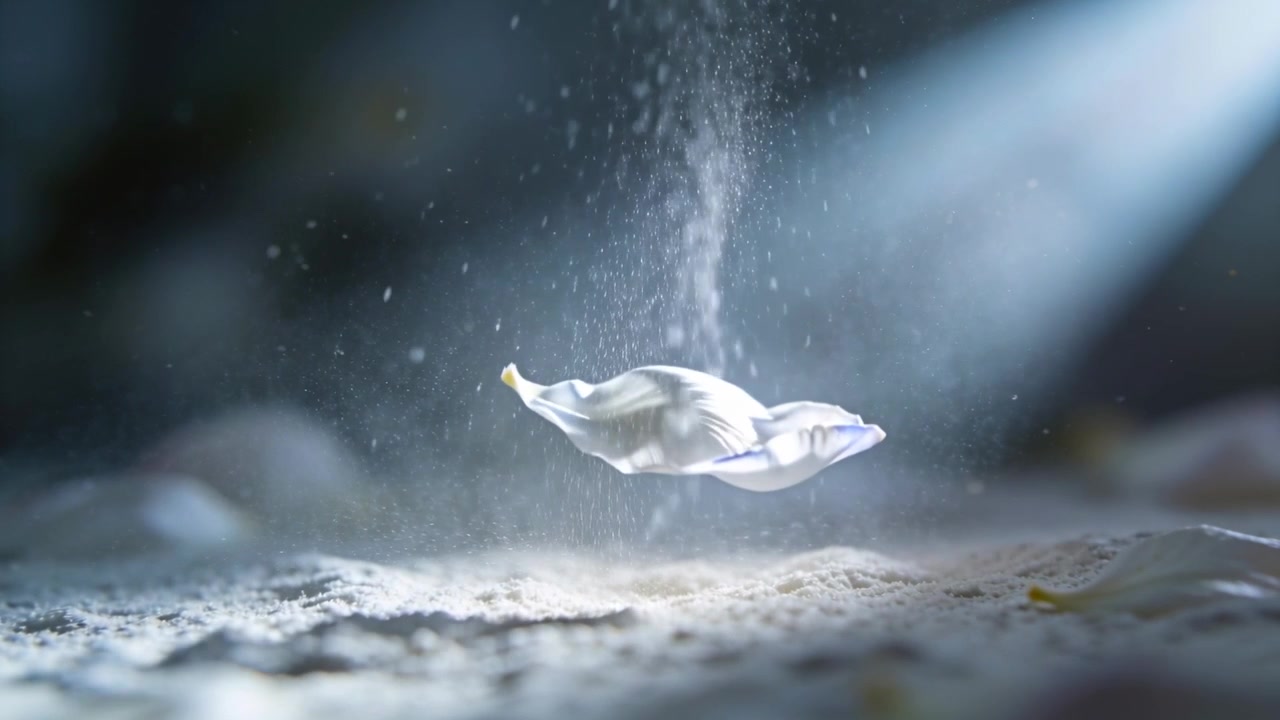 Drifting white petal rotating, descending by gravity through studio beam onto dust, second joining