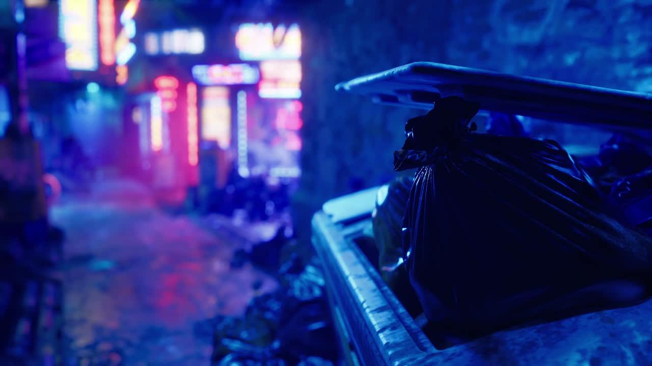 배경에 네온 표지판이 있는 어두운 골목길에 검은색 쓰레기 가방이 있는 쓰레기통