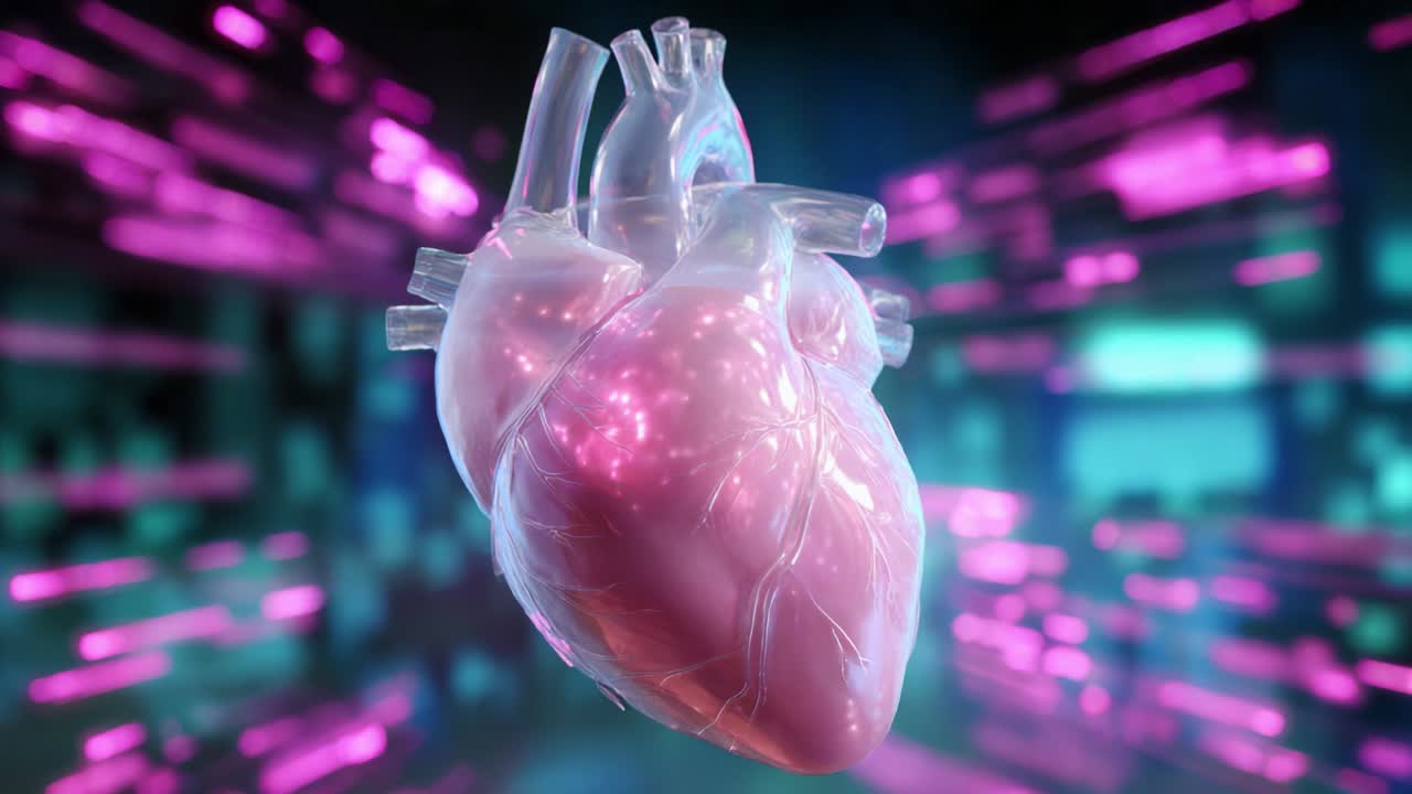 A Stunning 3D Visualization of a Human Heart Against a Futuristic Background with Vivid Colors and Light Effects, Highlighting the Intricacies of Cardiovascular Anatomy and Their Importance to Life
