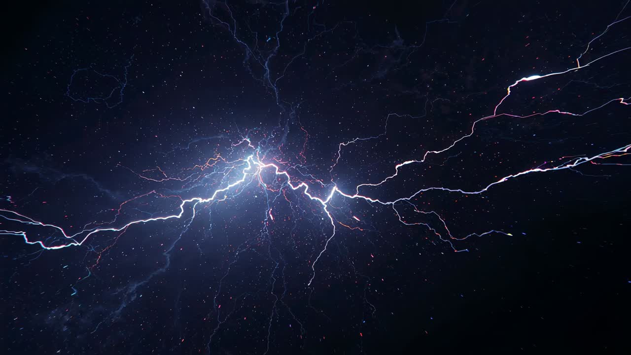 Pulsing central node sending branching electric arcs across dark void, with red and blue tendrils
