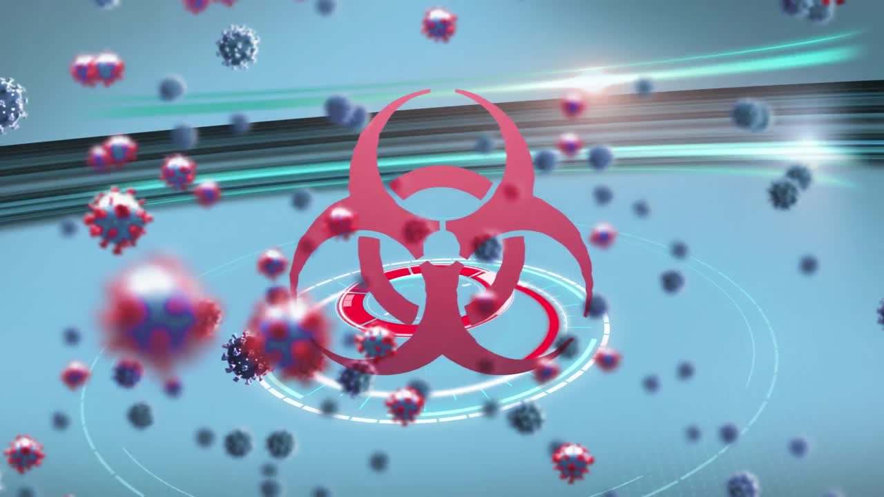 animación de las células de covid-19 volando sobre el canto de advertencia