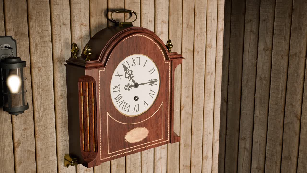 3D animation showing an old mechanical clock on the wall in a house