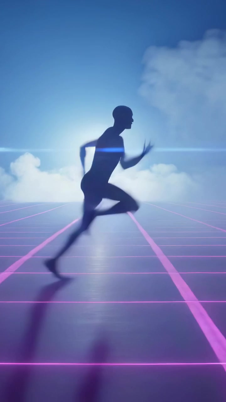 Video verticale: Figura maschile che corre scattando dietro un bagliore all'orizzonte attraverso una griglia al neon, proiettando un'ombra.