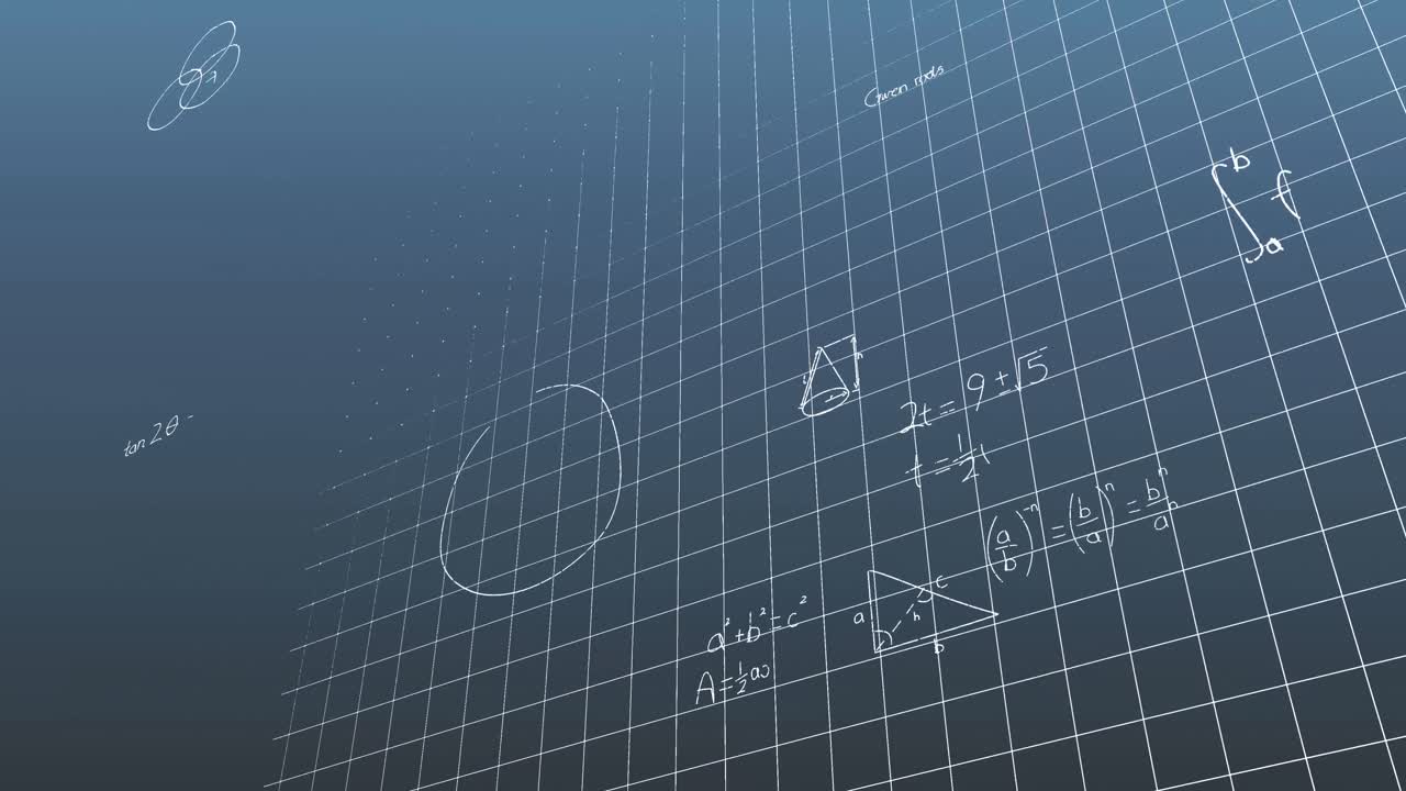 Animation of mathematical equations and diagrams over grid pattern against blue background