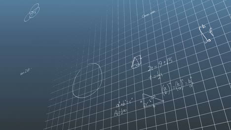 Animation-of-mathematical-equations-and-diagrams-over-grid-pattern-against-blue-background