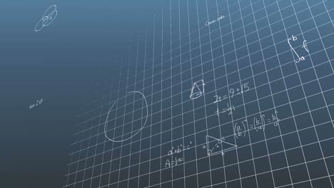 animation of mathematical equations and diagrams over grid pattern against blue background