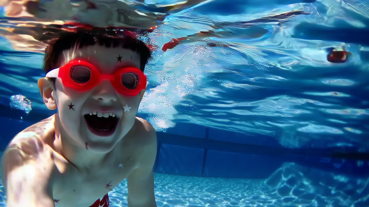 Child's Joyful Underwater Swim in a Pool