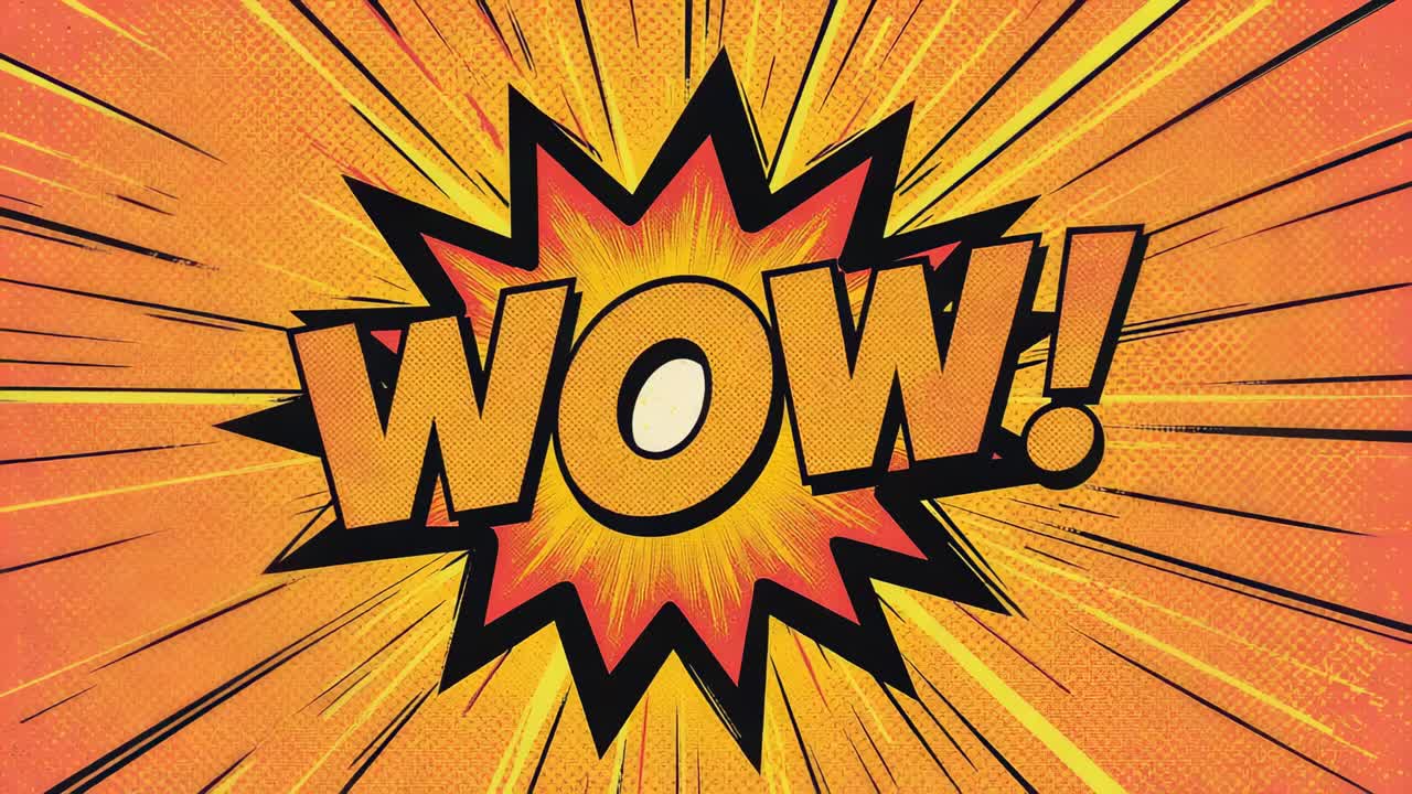 Verschiebung der Lens Flare, die in einem Comic-Panel eine zentrale WOW!-Grafik enthüllt, wodurch gepunktete Buchstaben und ein Ausbruch sichtbar werden