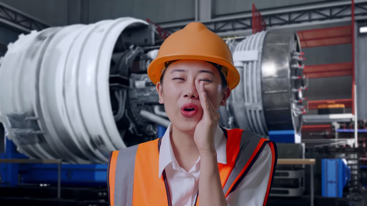 Close Up Of Asian Female Engineer With Safety Helmet Yelling With Hand Over Mouth While Standing With Airplane Engine Maintenance Conducted