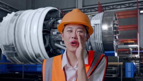 close up of asian female engineer with safety helmet yelling with hand over mouth while standing with airplane engine maintenance conducted