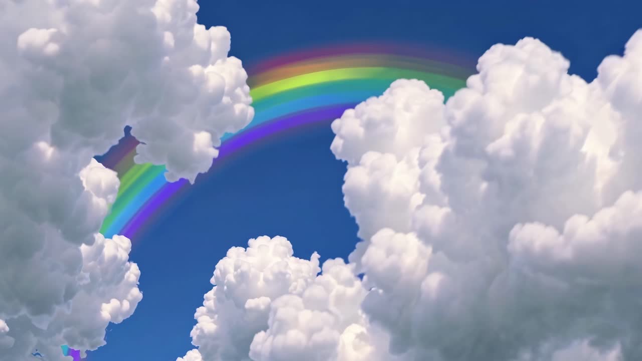 Na tle błękitnego nieba rozciąga się żywa tęcza, otoczona puszystymi chmurami.