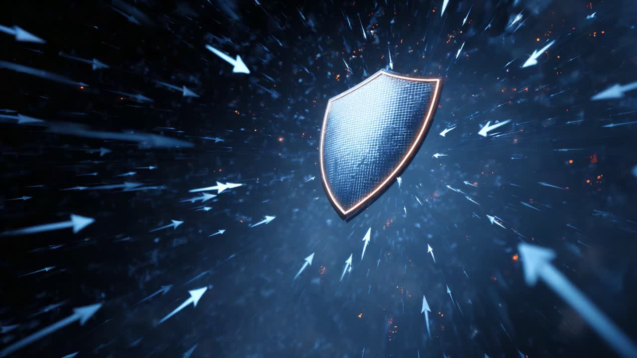 Dynamic Shield Surrounded by Directional Arrows in a Futuristic Sci-Fi Setting Representing Protection, Defense, and Digital Security Concepts