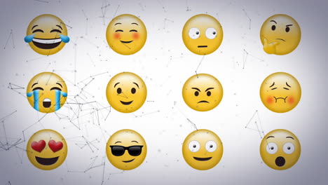 animación digital de una red de conexiones flotando sobre varios emojis de rostros sobre un fondo gris
