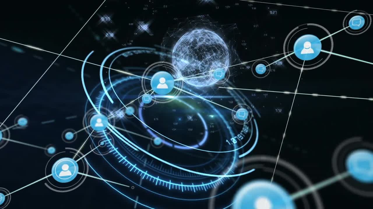 검은색 배경의 둥근 스캐너 위에 회전하는 지구에 대한 프로필 아이콘의 네트워크