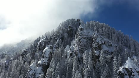 snow capped hills, steep cliffs and conifers in winter landscape