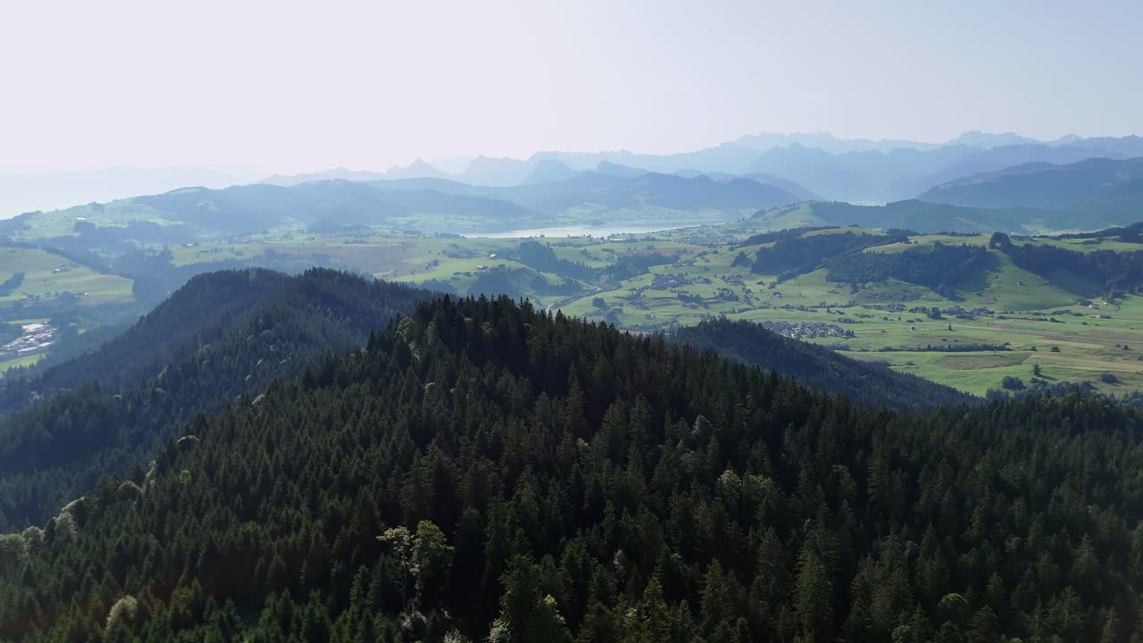colinas verdes exuberantes y denso bosque con montañas lejanas en oberägeri, suiza, vista aérea