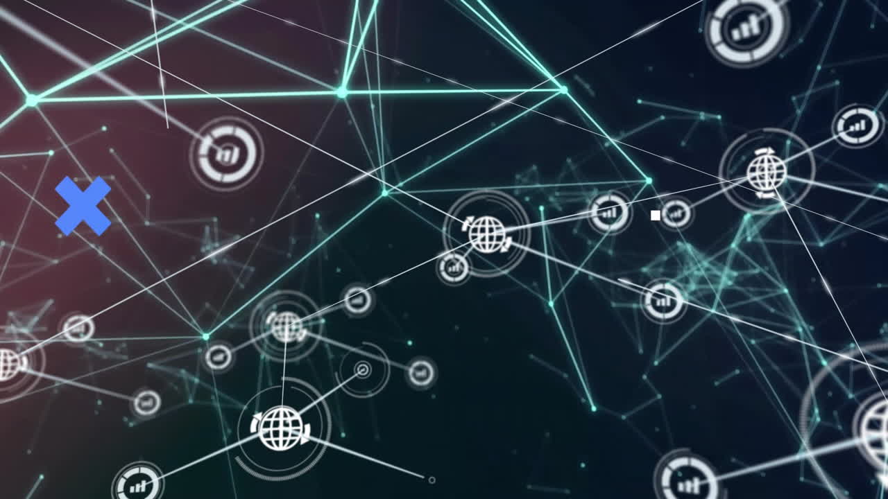Animation of network of connections with icons over clouds and blue crosses and brain