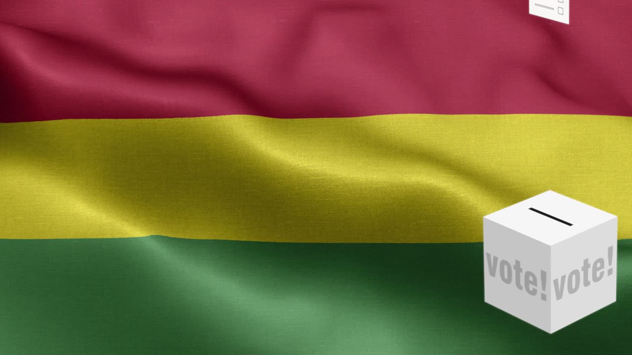 las papeletas vuelan a la caja para la selección de bolivia - caja de votación frente a la bandera - elección - voto - bandera de bolivia - bandera de bolivia alto detalle - bandera nacional boliviana patrón de ondas elementos loopables - textura de tela y bucle sin fin