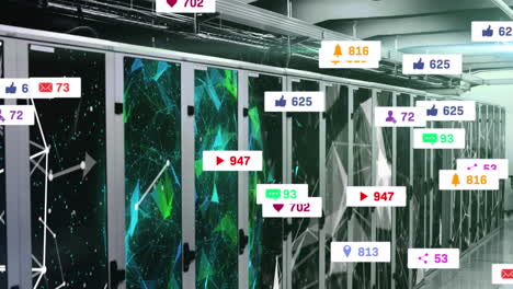animation of social media icons and numbers on banners over computer servers