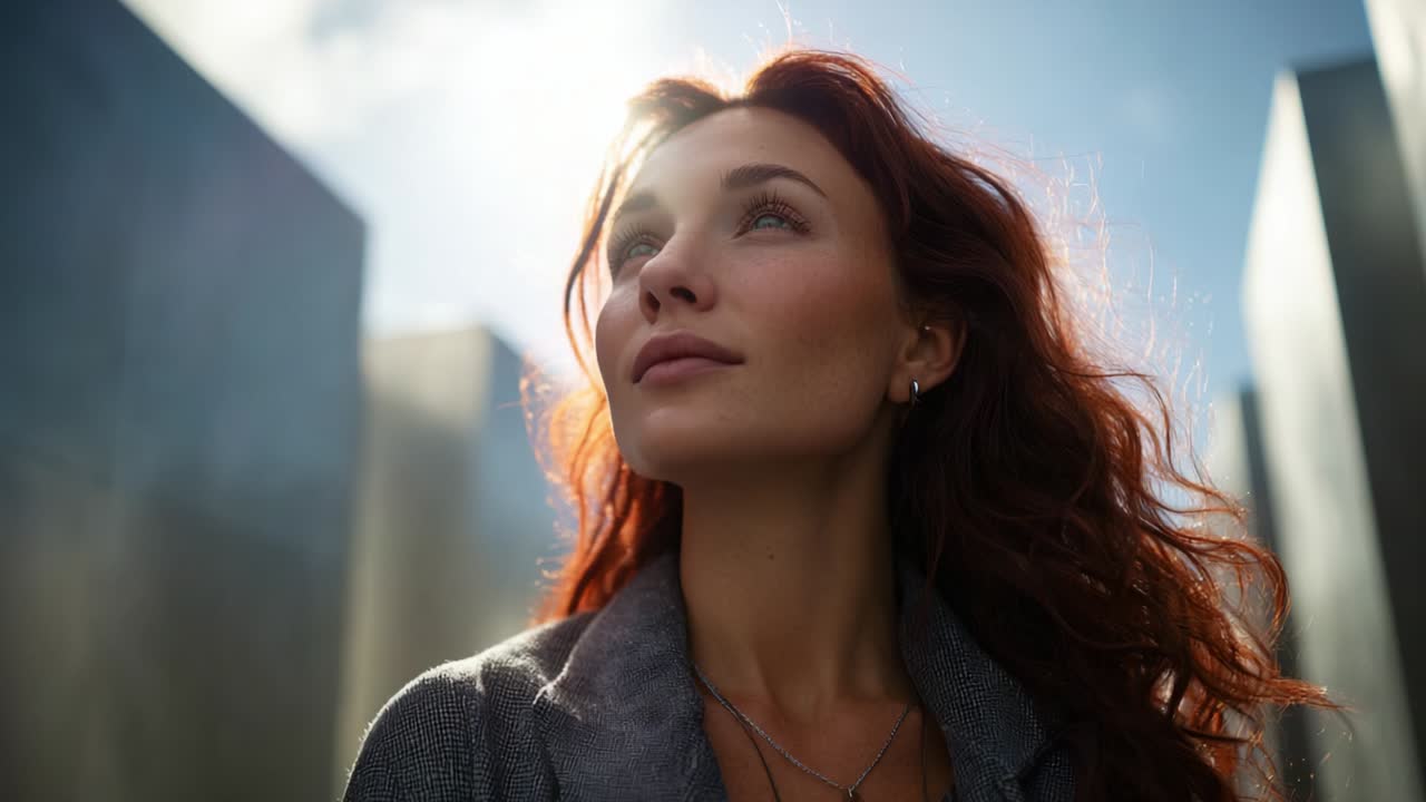 A woman with flowing red hair gazes thoughtfully towards the sky, illuminated by soft sunlight, framed by a backdrop of modern, abstract architecture, capturing a moment of reflection and serenity