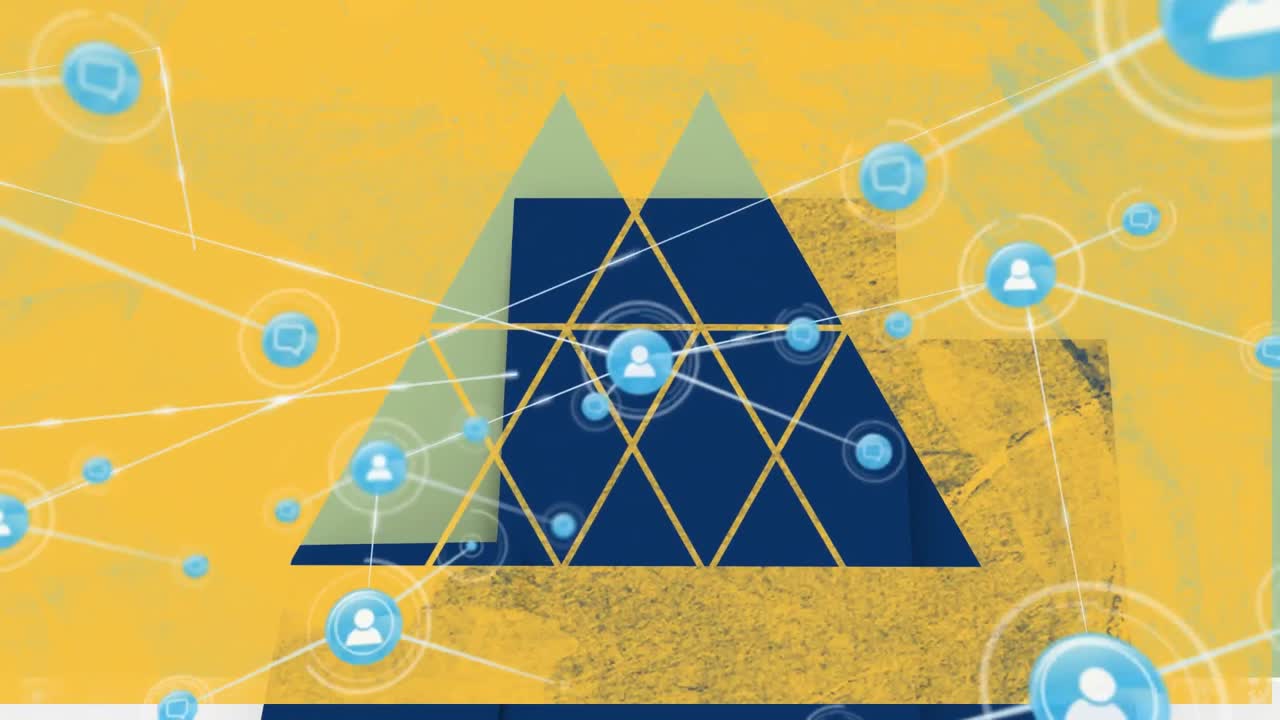 노란색 배경에 기하학적 모양 위에 아이콘으로 연결된 네트워크의 애니메이션