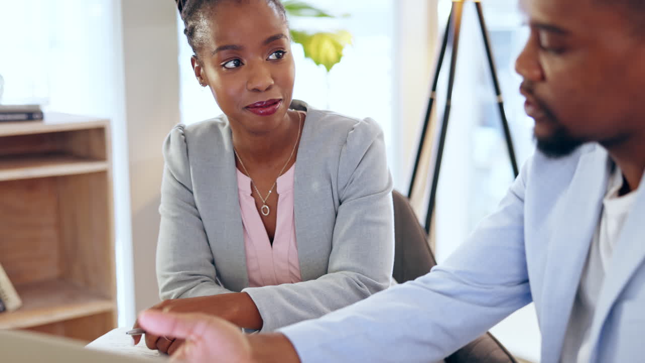 Business, black man or woman explain