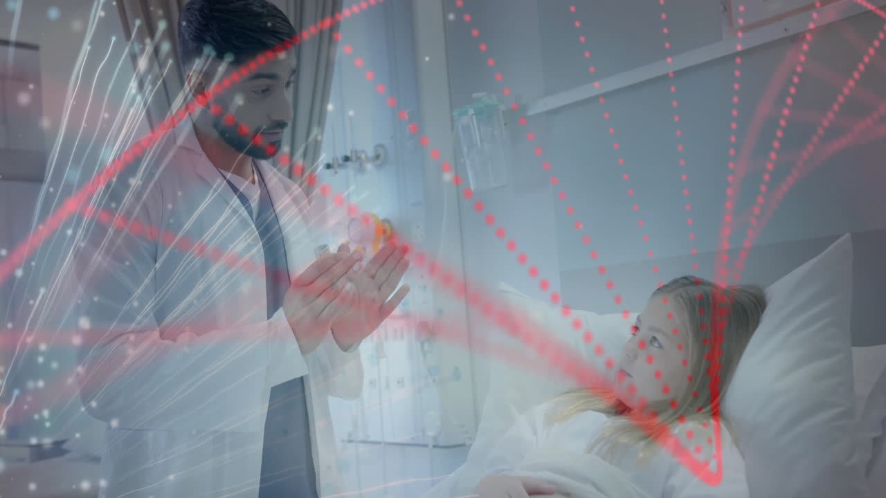 두 인종의 남성 의사와 소녀 환자에 대한 데이터 처리의 애니메이션