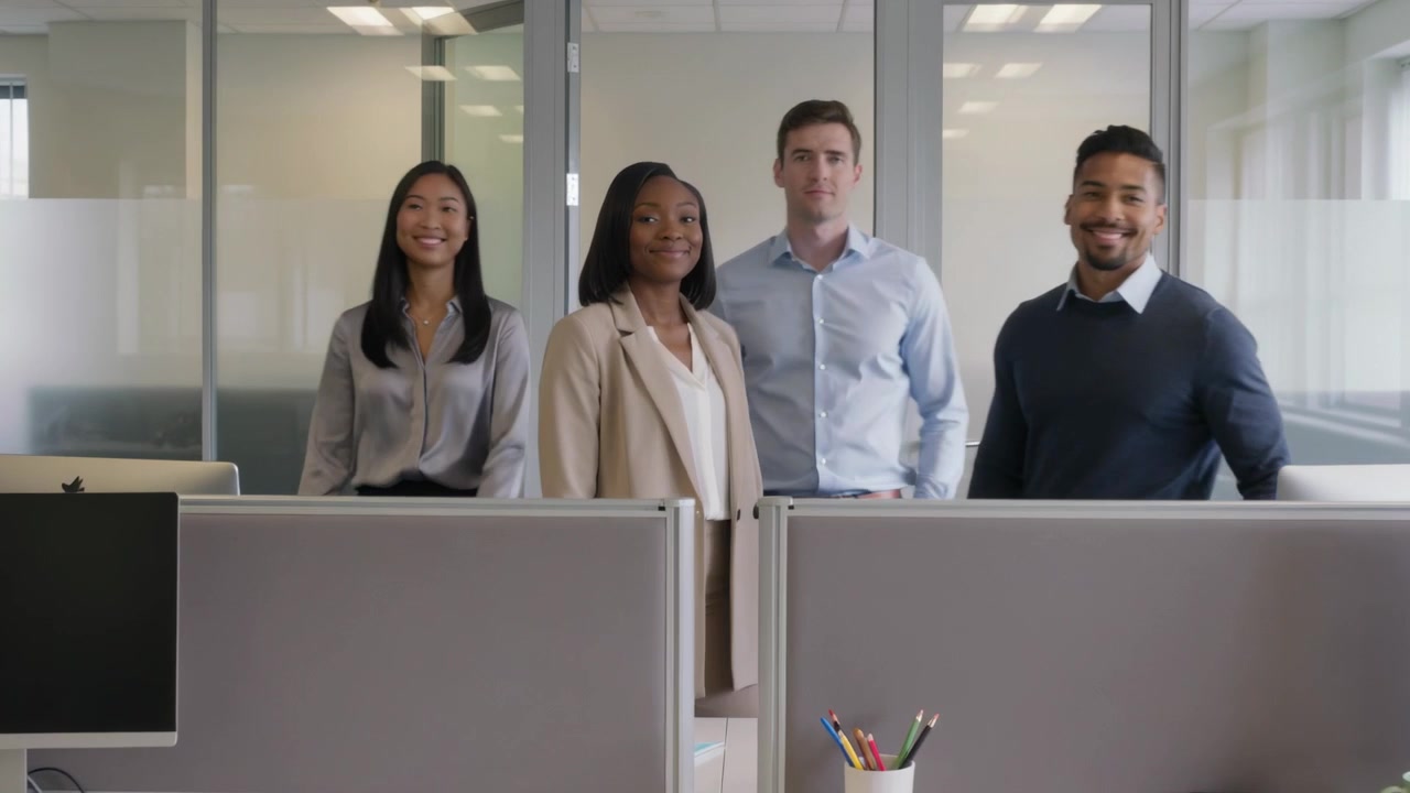 Abriendo una puerta que conduce a un equipo vestido de negocios hacia la vista de una oficina, posando detrás de escritorios con monitores.