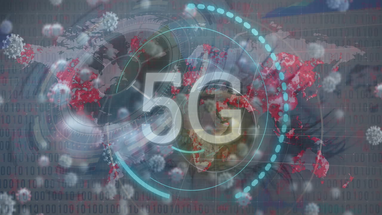 animación de escaneo de alcance y texto 5g sobre el mapa del mundo