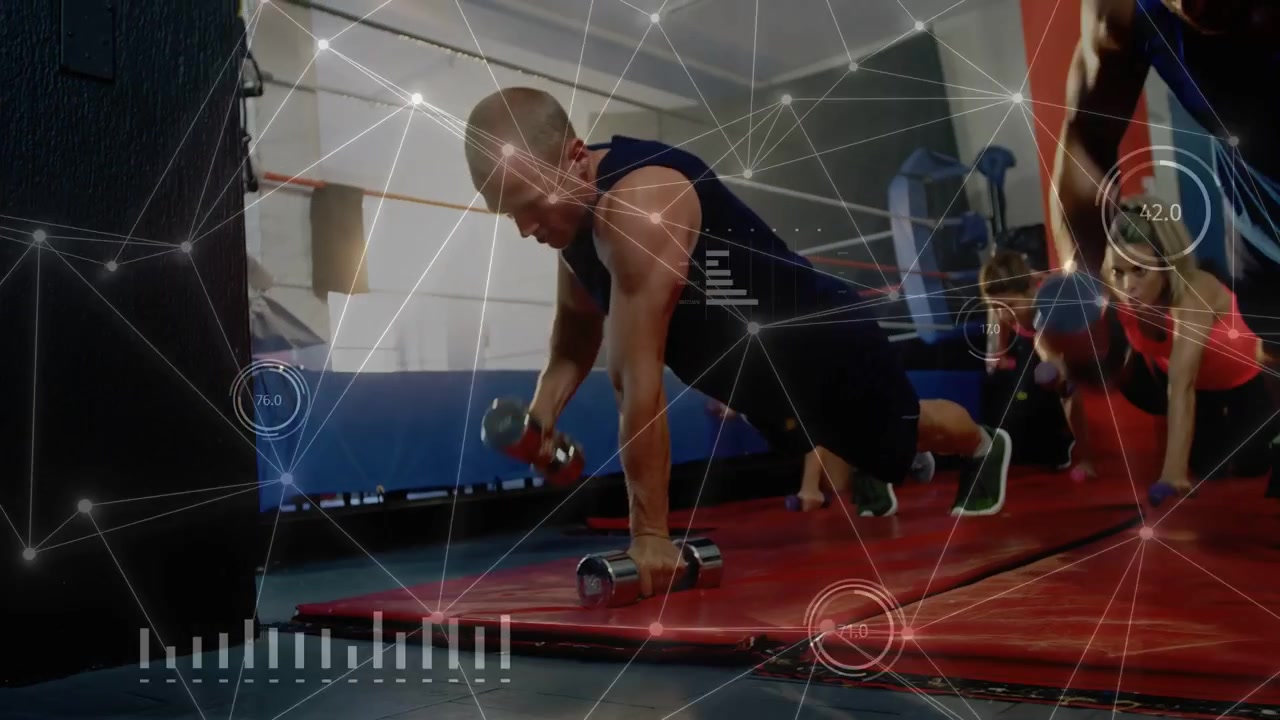 Lead male starting plank row, group copying on mats, HUD metrics tracking reps for fitness
