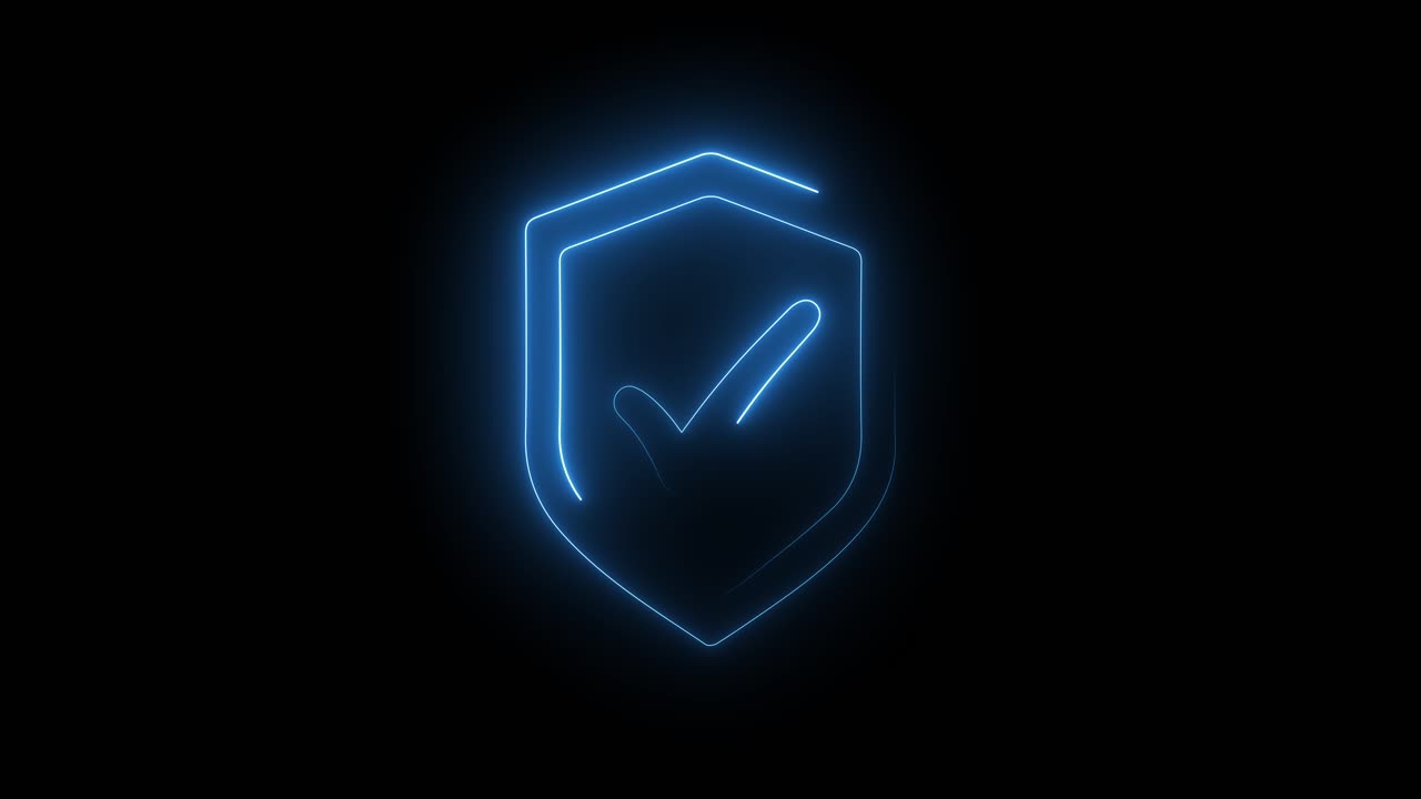 4k line glowing neon line shield check mark with check mark icon isolated on black background video