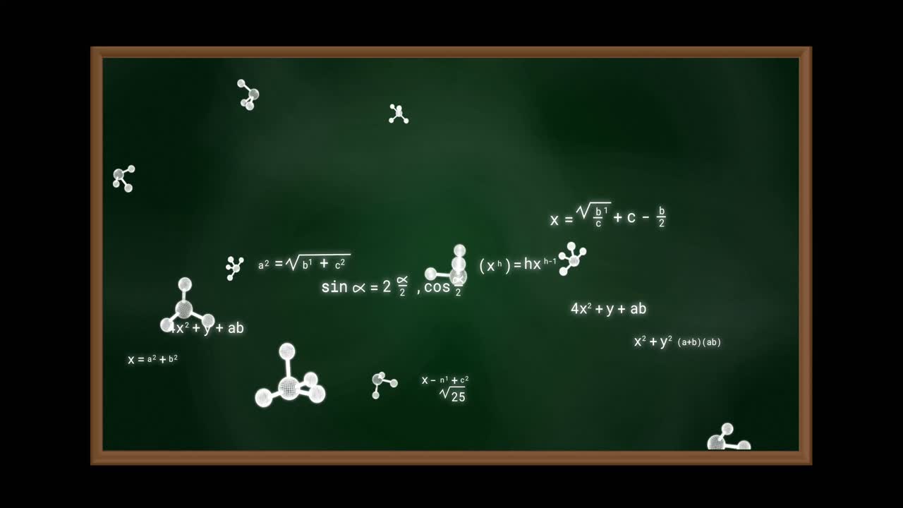 animación de moléculas y ecuaciones matemáticas en el fondo negro