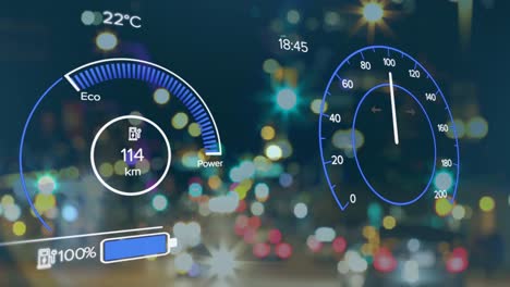animación del procesamiento de datos del velocímetro de coches eléctricos sobre la ciudad