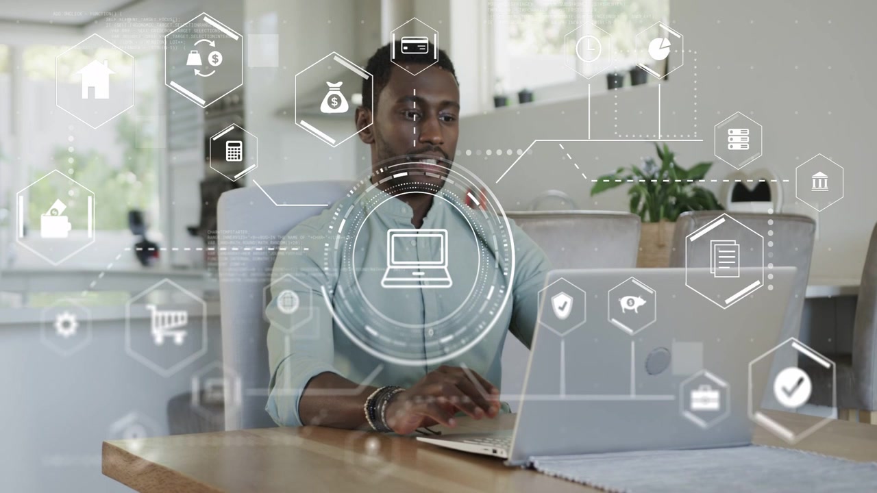 Man placing hand on keys, typing at laptop, checking finance icons over torso, woman bringing mug