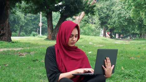 happy afghan woman in hijab working on laptop computer on green lawn near busy road