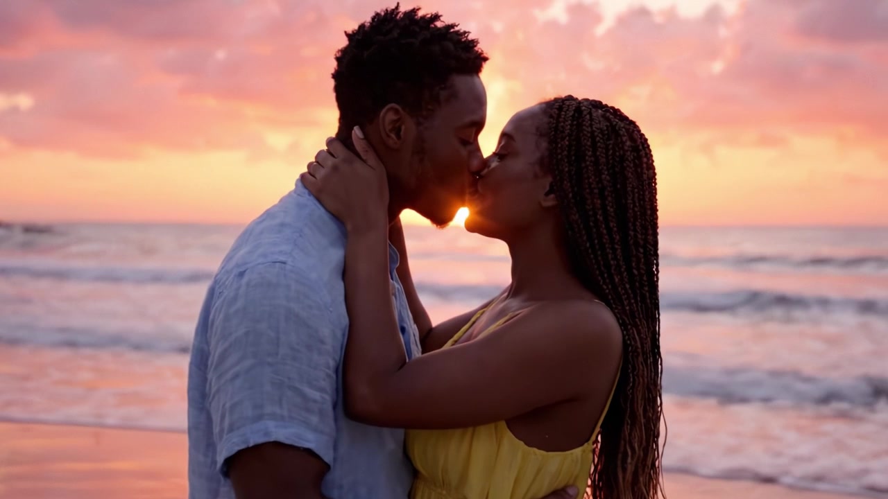 A Romantic Sunset Embrace Capturing the Love Between Two People on a Serene Beach, Surrounded by Splendid Colors of Dusk Reflecting on the Ocean Waves
