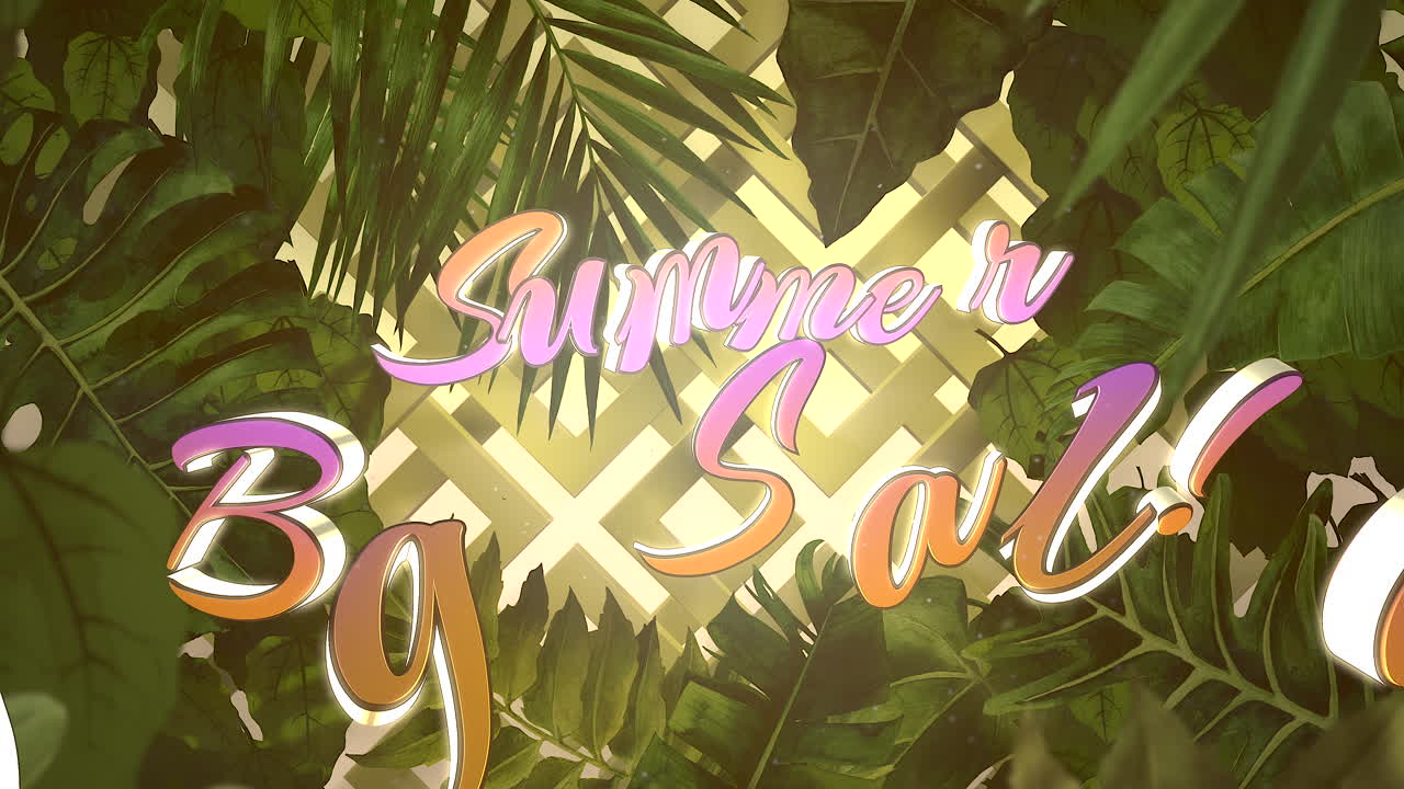 アニメーションのクローズ アップ テキスト夏の大セールと熱帯の花と葉 2