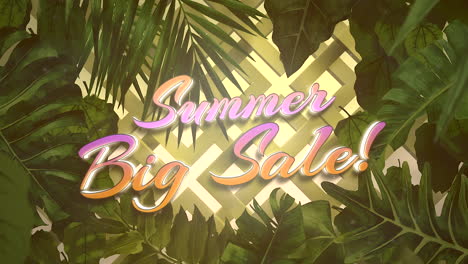 texto de primer plano animado gran venta de verano y flores tropicales y hojas 2