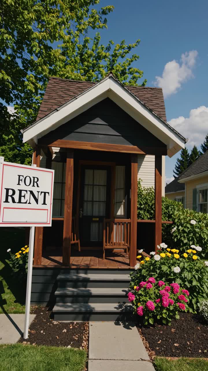 Charming small house with a 'For Rent' sign, captured from a low angle