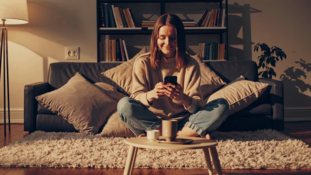 A cozy living room scene with a woman sitting cross-legged on a sofa, using her phone