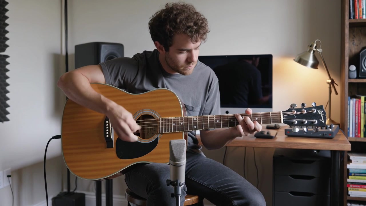 Un uomo con una maglietta grigia posiziona la mano sulla tastiera, strimpella e registra in studio con microfono e chitarra.